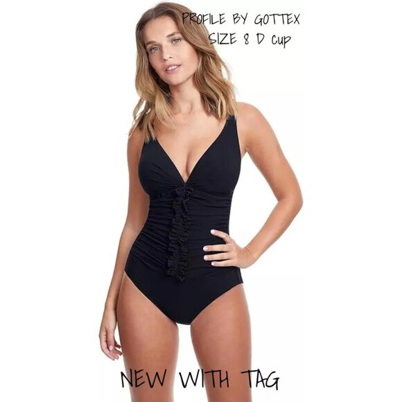 Profile by Gottex Standard Hula Dance One Piece Black Swimsuit New  Size 8D Cup - Picture 1 of 5